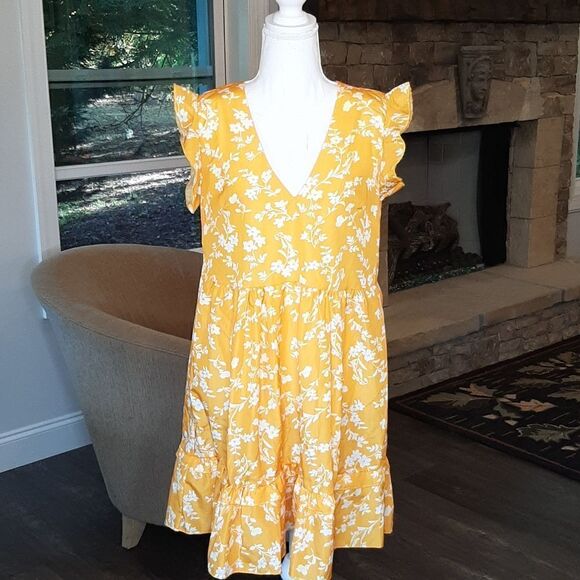 NWOT Yellow with White Floral Print Mini Dress - Picture 1 of 8